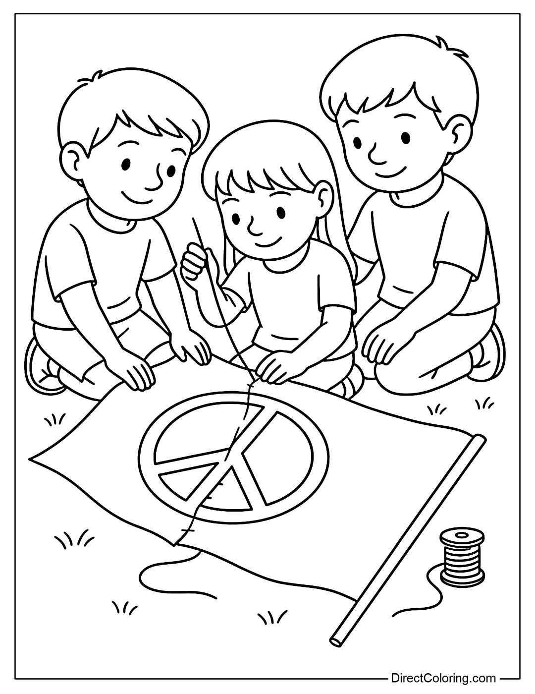 A coloring page of children mending a white flag with a peace symbol.